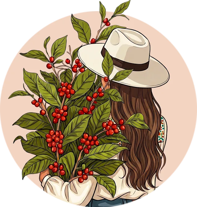 Ilustración de una mujer de sombrero blanco, de espaldas, cargando ramas de café maduro.